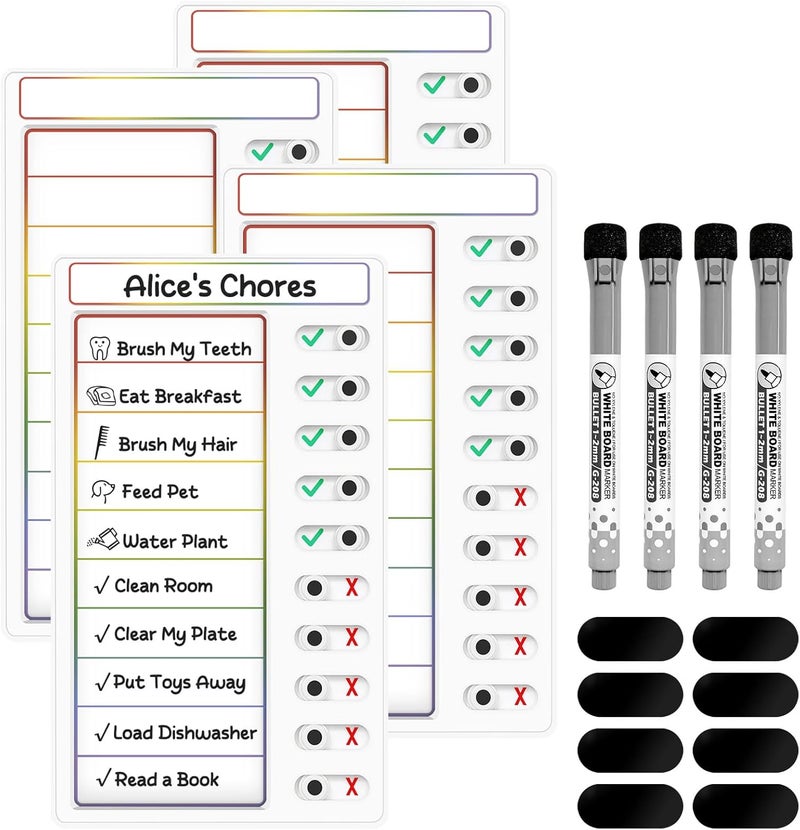 Jupyn 4 Pcs Chore Chart for Kids: Dry Erase My Chores Slider Chart, Magnetic Visual Schedule for Fridge, Kids Daily Checklist - ADHD Tools: to Do List and Routine Chart for Multiple Kids (Rainbow 4-Pack) - Image 1